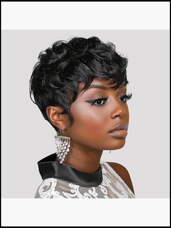 Short Curly Pixie Cut Human Hair Wig with Bangs Bob Brazilian Remy Lace Front main image 5